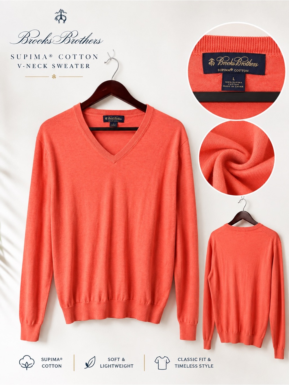 Brooks Brothers Supima Cotton V-Neck Sweater Mens Large Coral Orange Lightweight